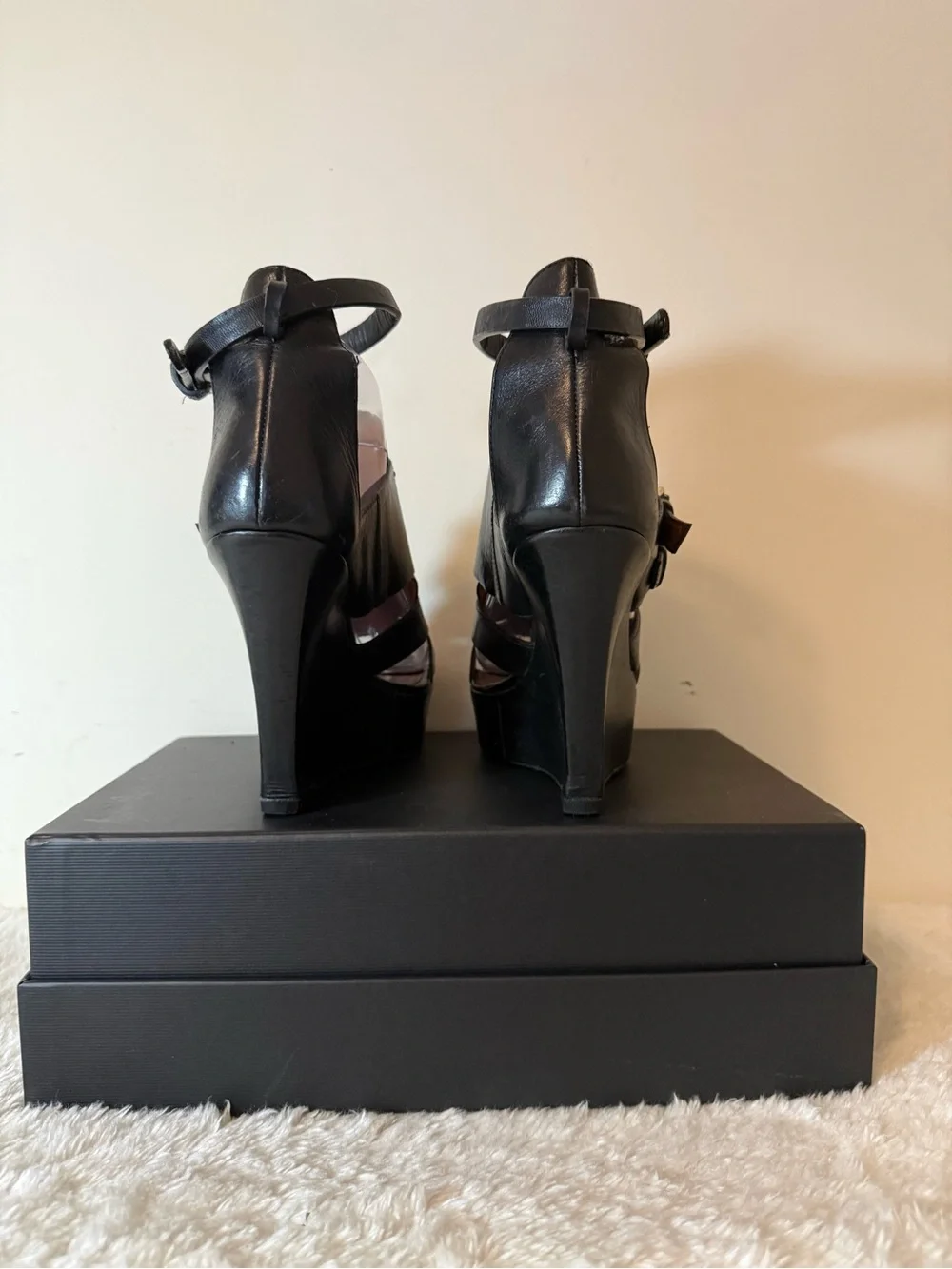 Givenchy Black Leather Strappy Wedge Sandals